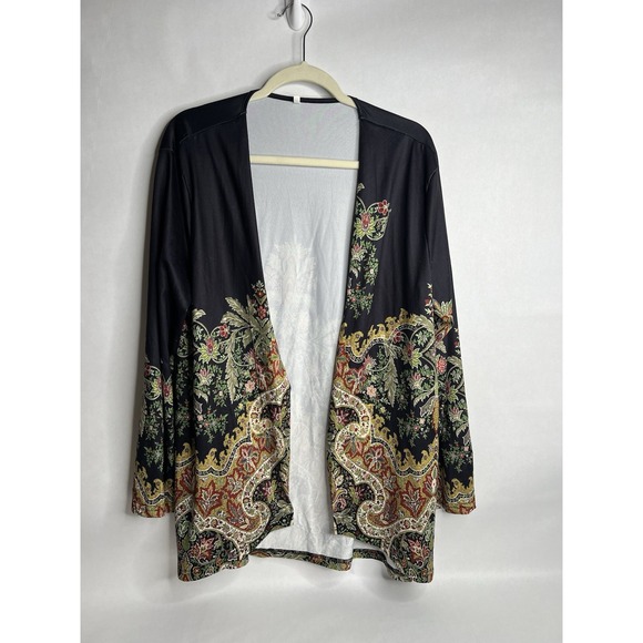Plus Size Ethnic Floral Print Open Front Casual Long Sleeve Cardigan XL Black - Picture 1 of 8